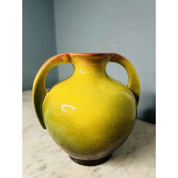 Vintage Art Nouveau Glazed Pottery Squat Floral Vase Loisa ‘62 Green Pink Rose - Picture 5 of 11